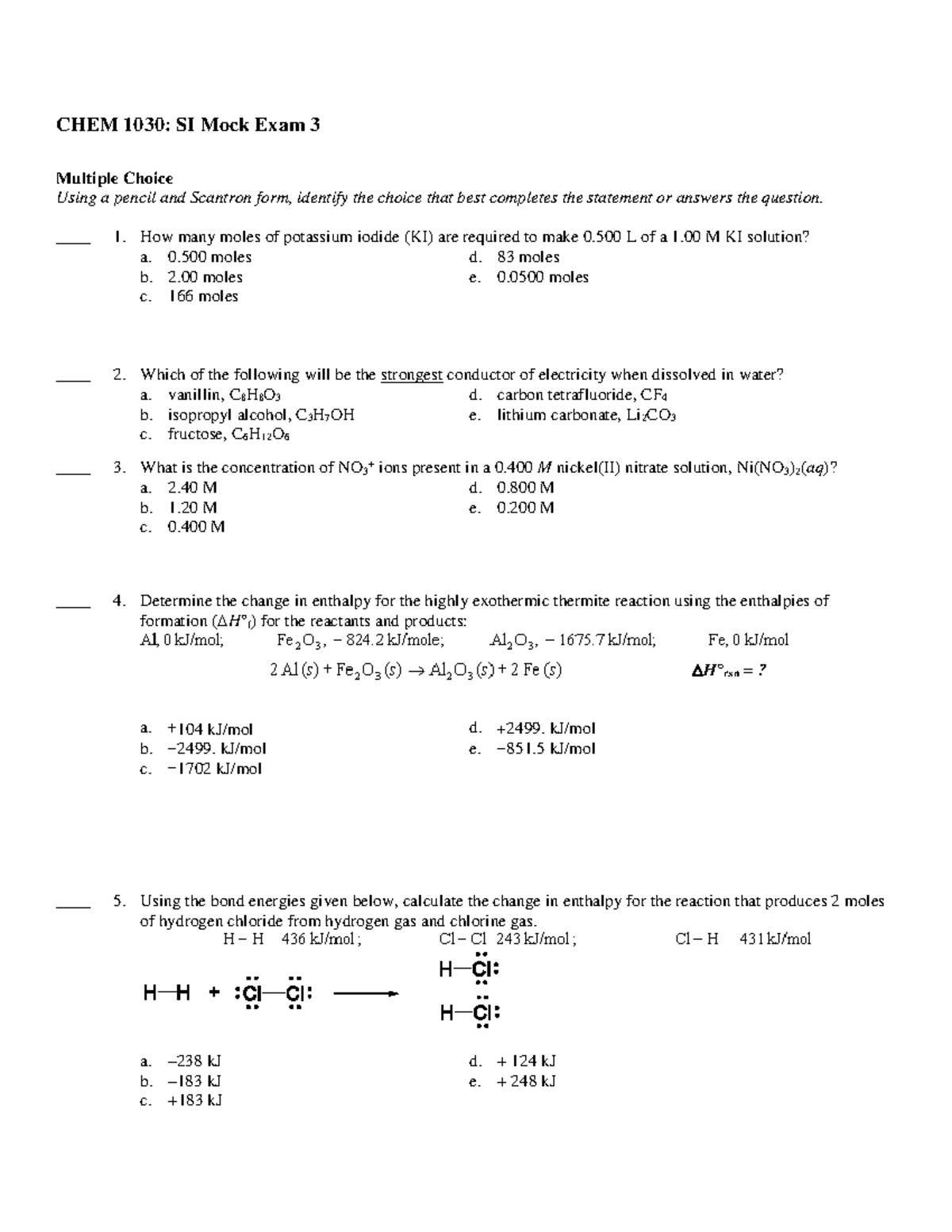 SI Mock Exam 3 - Exam - CHEM 1030: SI Mock Exam 3 Multiple Choice Using ...