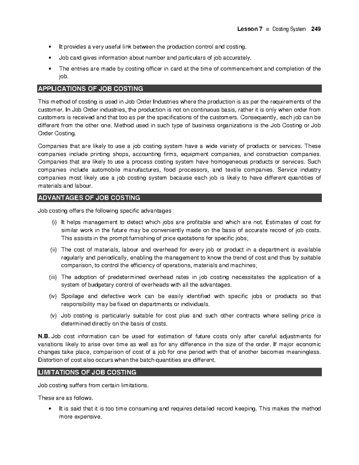Cost Accounting Applications OF JOB Costing Lesson 7 Costing System