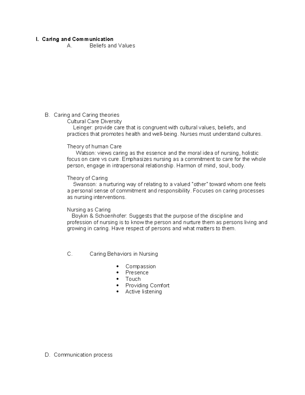 Unit 2 learning outcomes - I. Caring and Communication A. Beliefs and ...