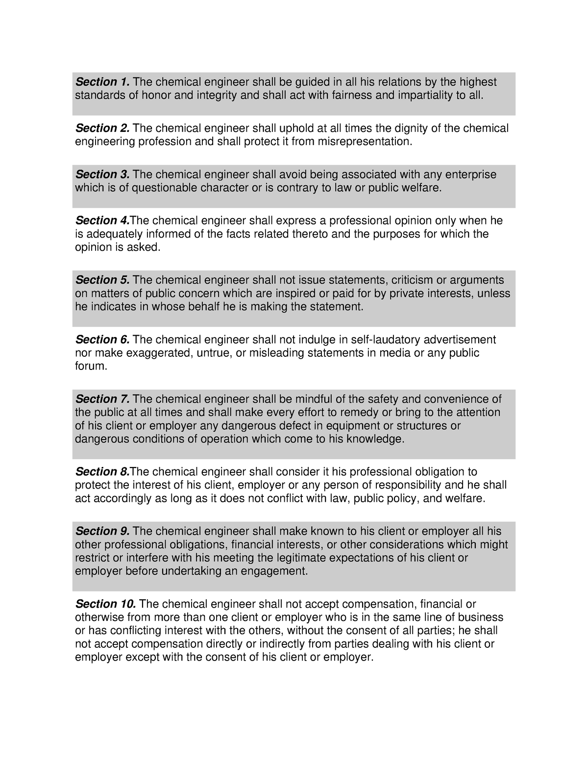 Copy Of Code Of Ethics Section 1 The Chemical Engineer Shall Be 