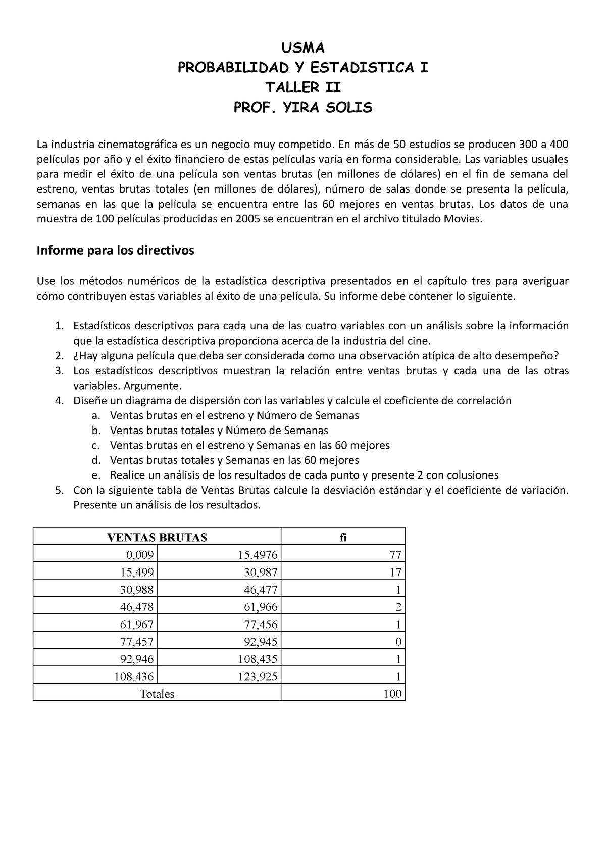 Taller Ii Prob Y Est I Estadistica Usma Probabilidad Y Estadistica I Taller Ii Prof Yira