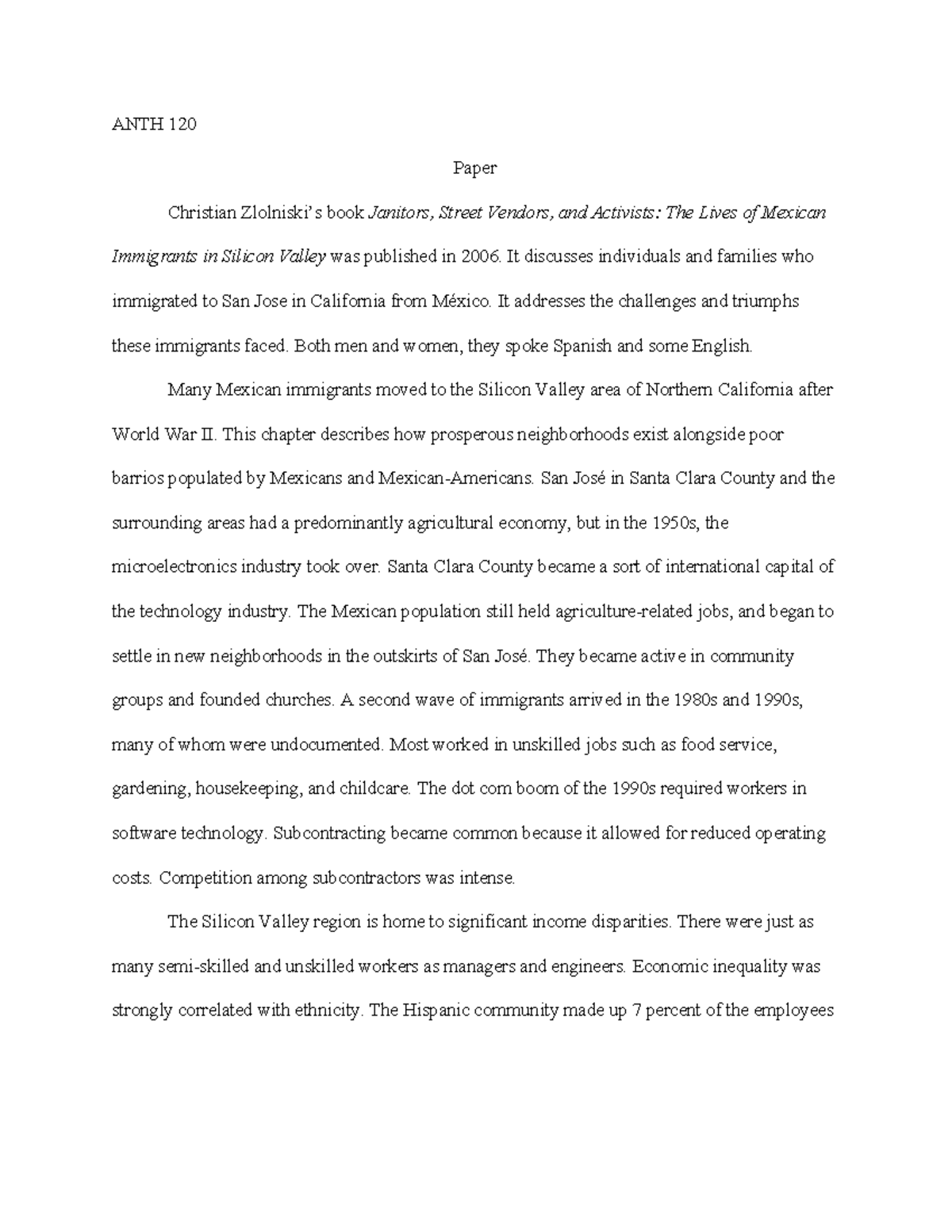 Final Synthesized Paper ANTH 120 Paper Christian Zlolniski’s book