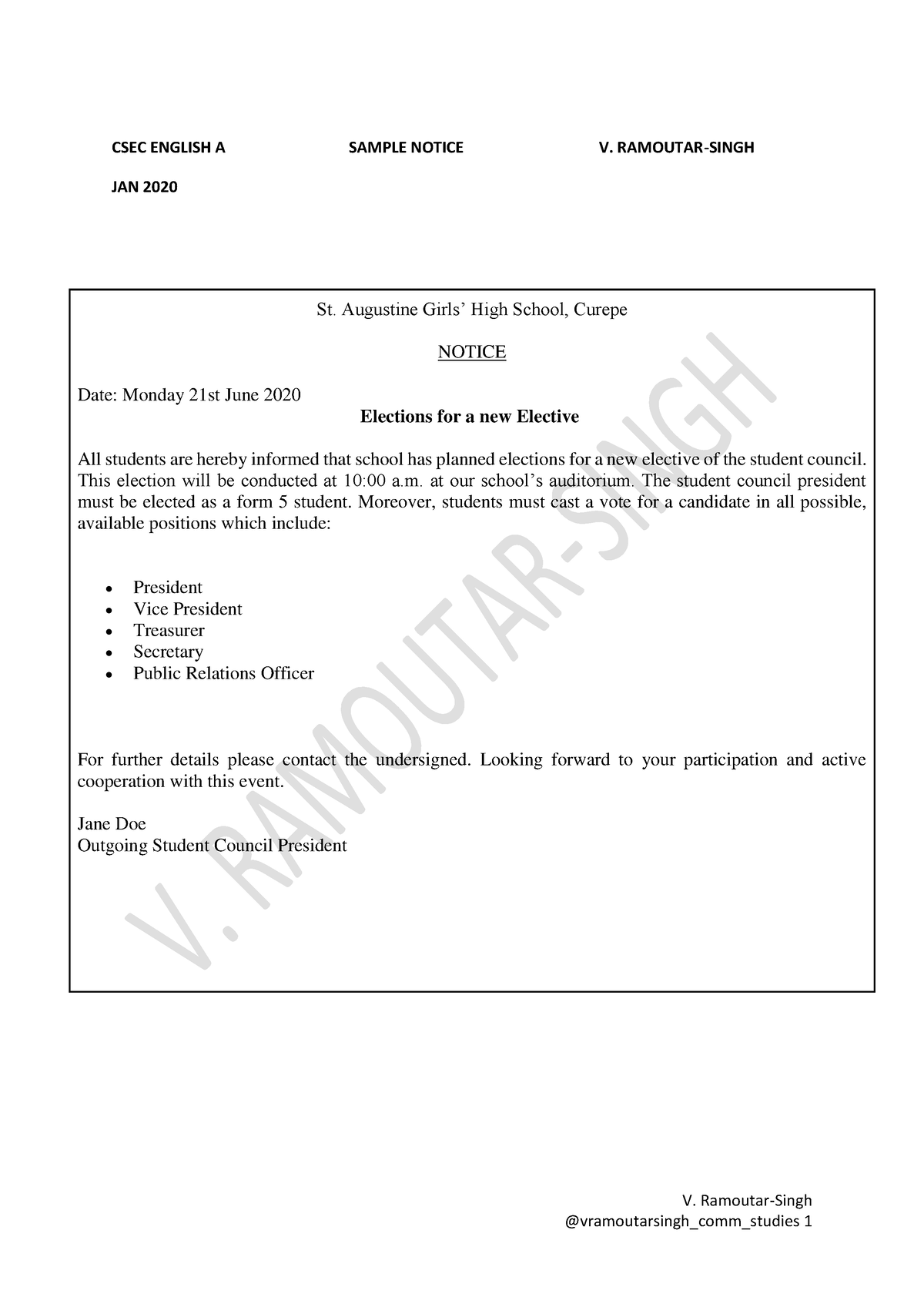 CSEC ENG A Notice Sample V. Ramoutar- Singh - V. Ramoutar-Singh ...