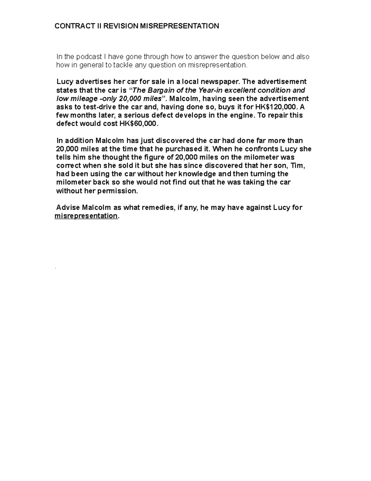 Misrep Revision Question - CONTRACT II REVISION MISREPRESENTATION In ...