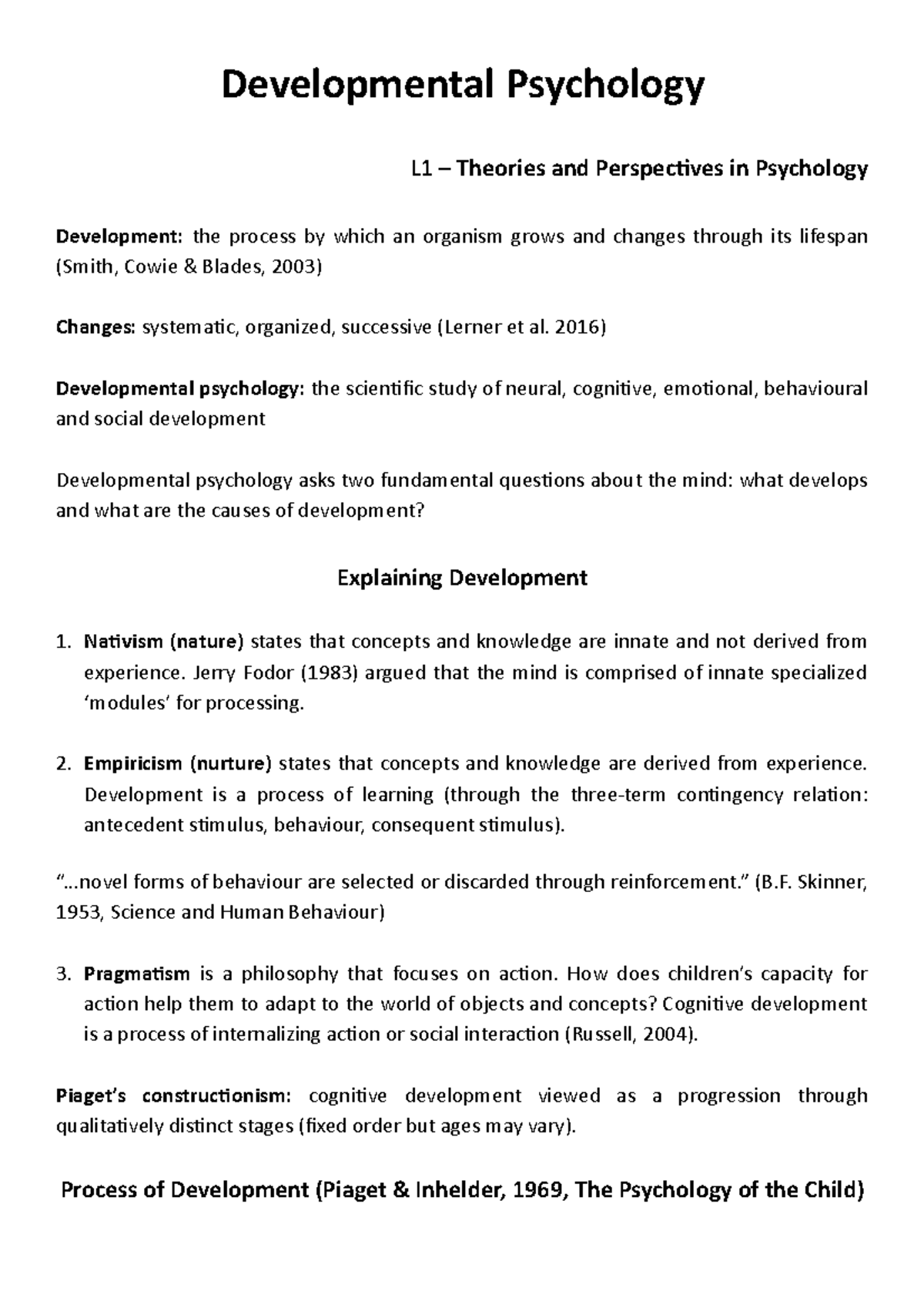 N1 - Theories and Perspectives - Developmental Psychology L1 – Theories ...