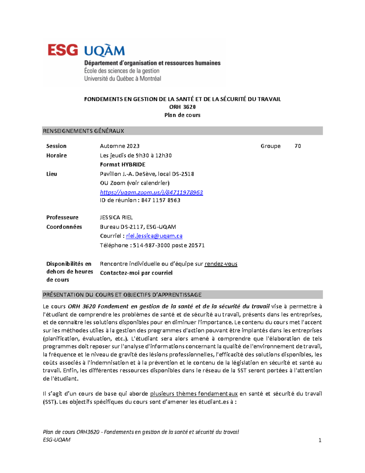 RIEL ORH3620 Plan A2023 70 - ORH3620 - UQAM - Studocu