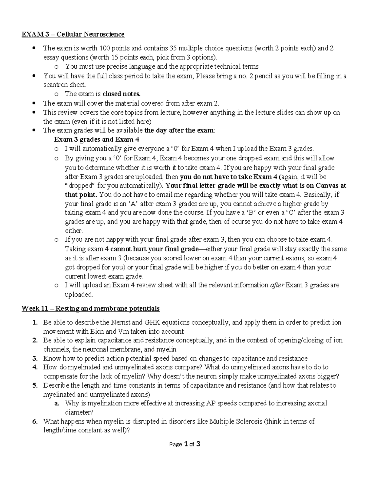Exam 3 Review 6 Exam 3 Review Guide Exam 3 Cellular Neuroscience
