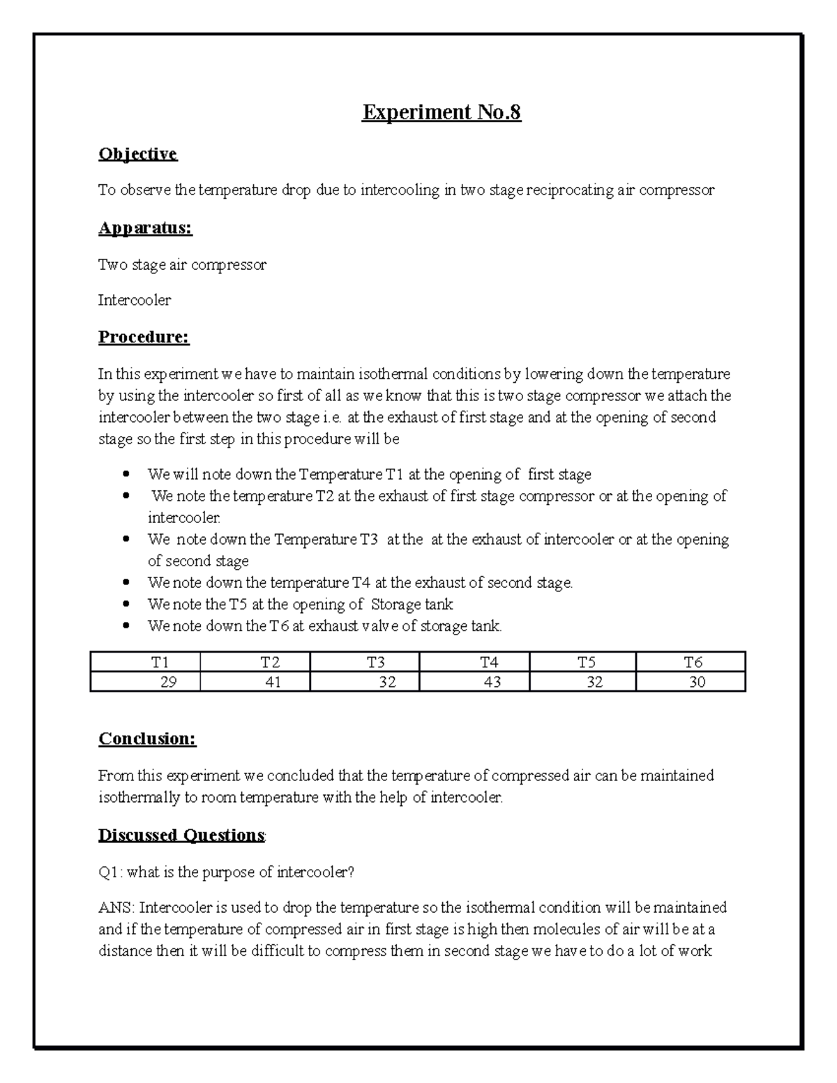 Experiment No 8 - THermodynamics 2 Lab - Experiment No. Objective To ...