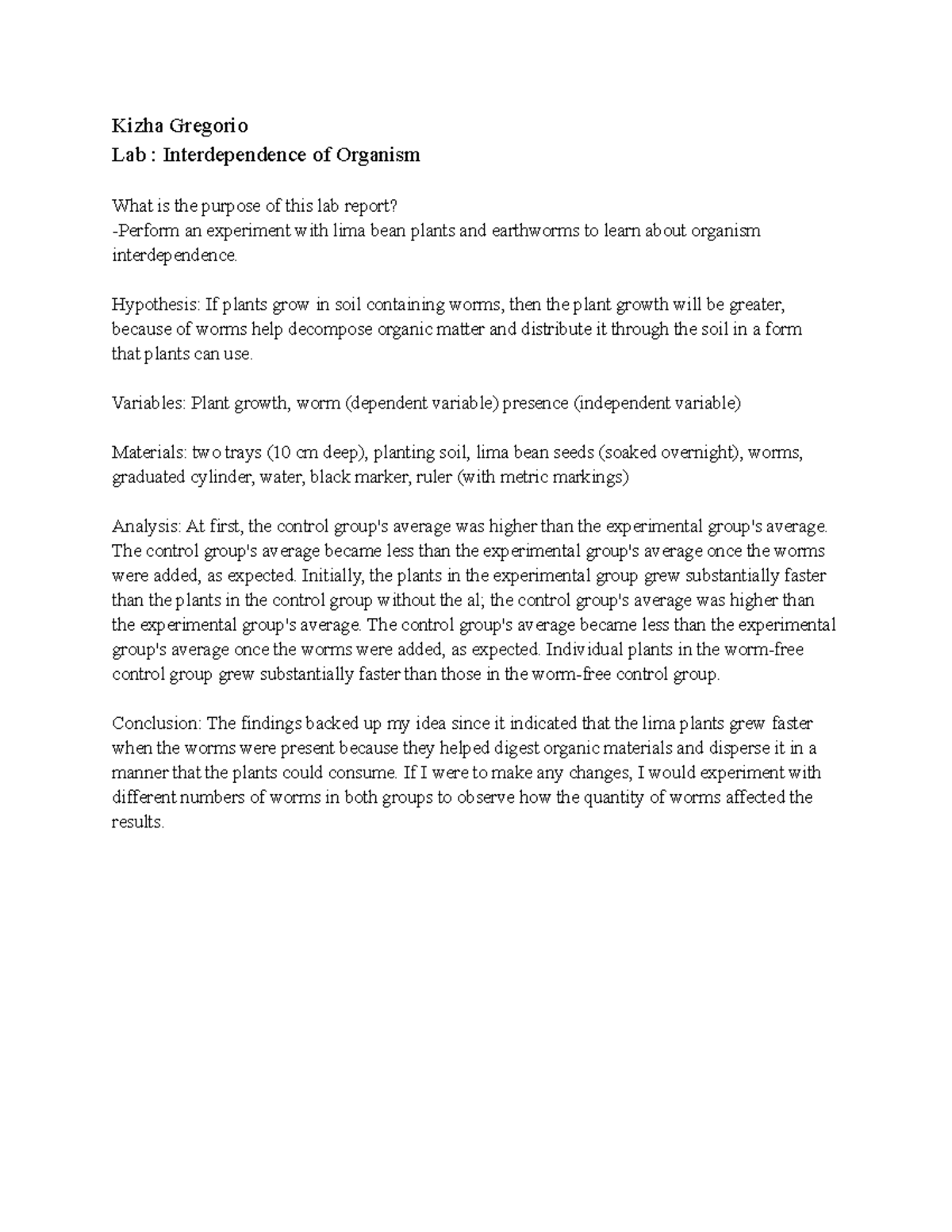 Lab Report Interdependence of Organism Kizha Gregorio Lab
