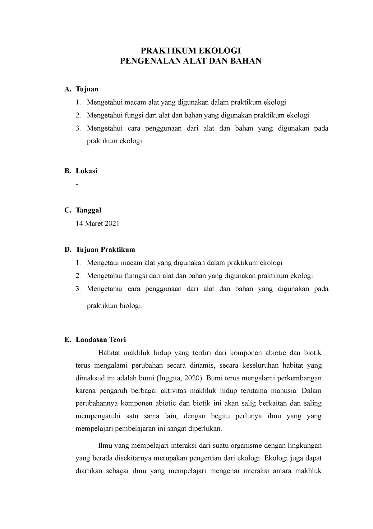 Laporan Ekologi Pengenalan Alat Dan Bahan Praktikum Ekologi Pengenalan Alat Dan Bahan A 