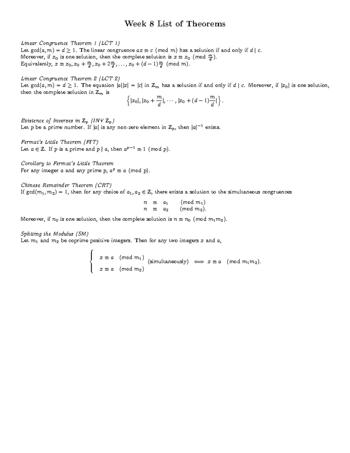 Week8Theorem Sheet theorem formulas Week 8 List of Theorems Linear