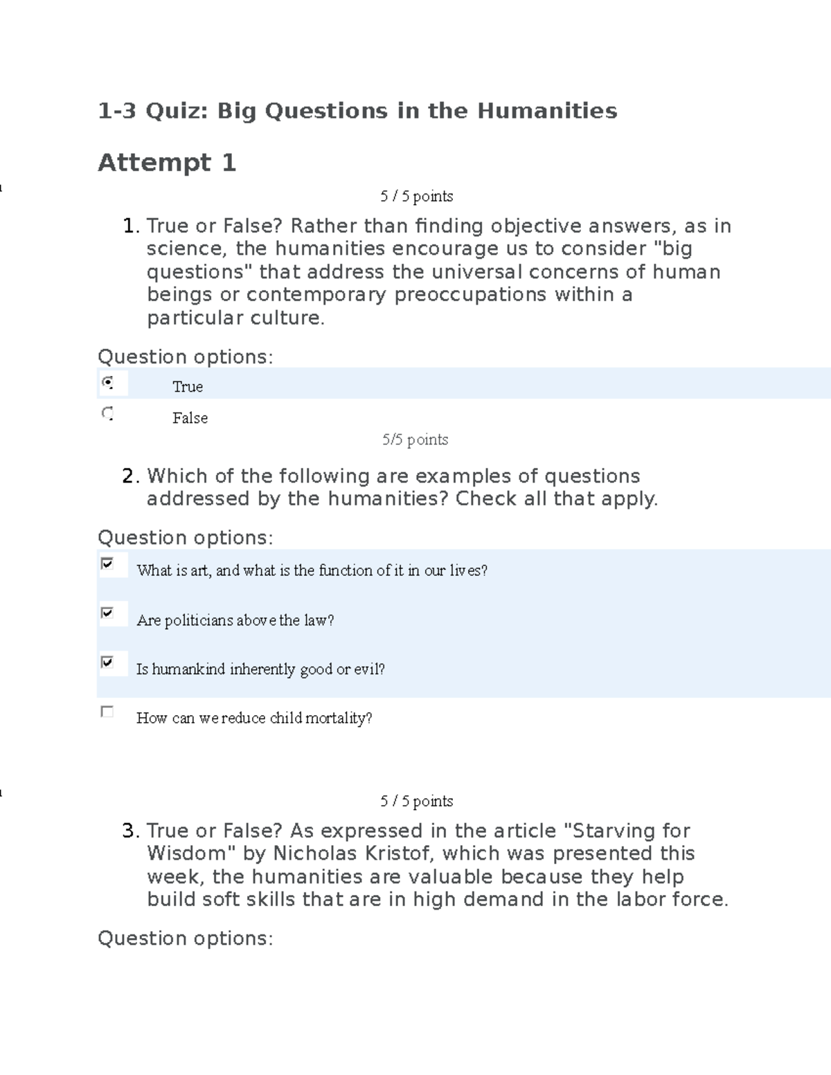 1-3 Quiz- Big Questions In The Humanities - 1-3 Quiz: Big Questions In ...