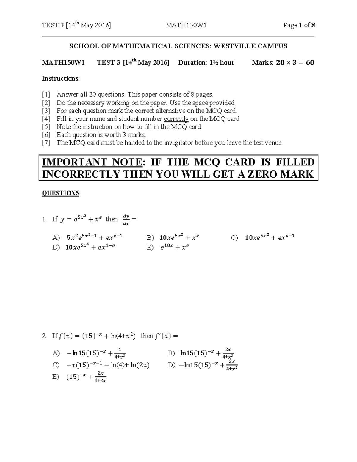 2016 Test 3 - test paper - TEST 3 [ May 2016] MATH150W1 Page 1 of 8 ...