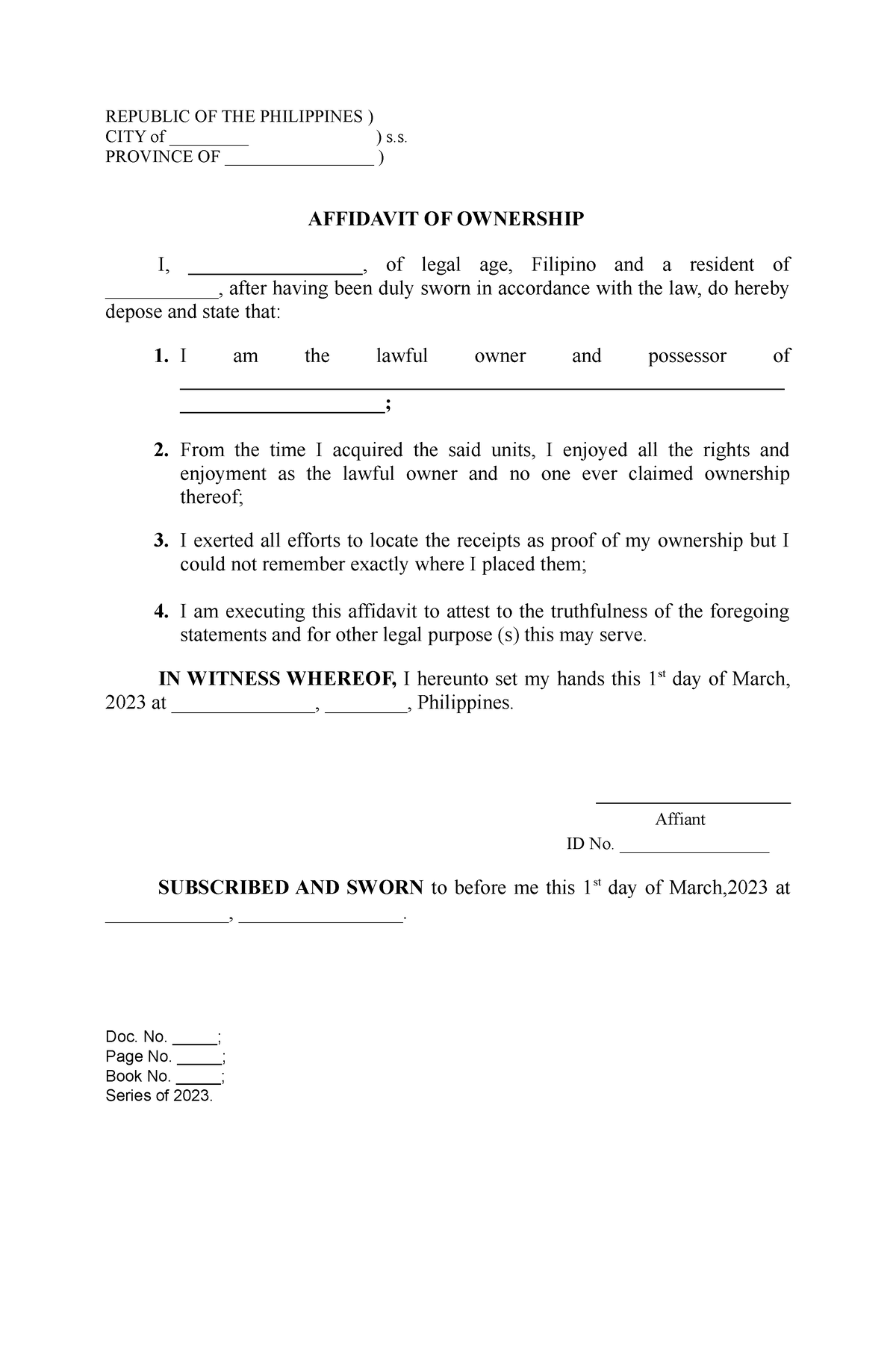 Affidavit Of Ownership Republic Of The Philippines City Of S Province Of Studocu