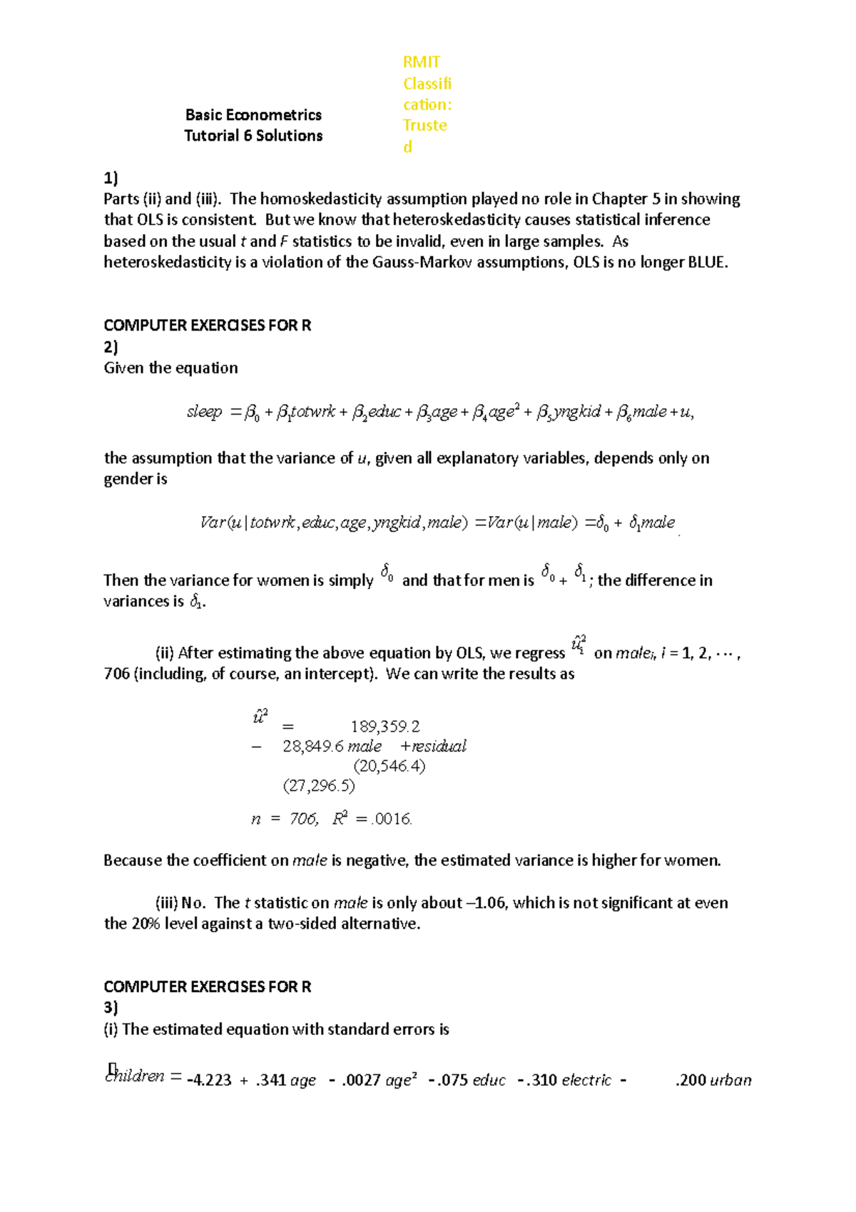 Basic Econometrics Tutorial 6 Solutions - Basic Econometrics Tutorial 6 ...