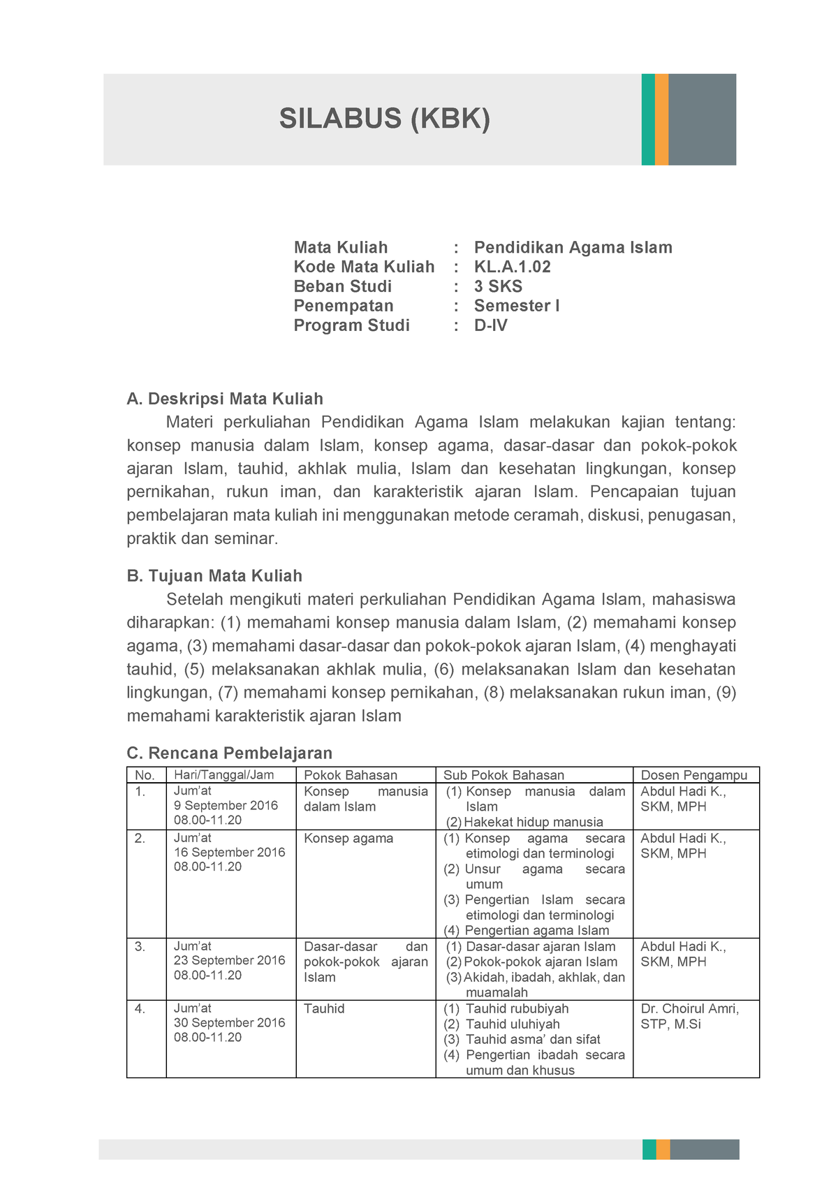 Silabus PAI D4 - Mata Kuliah : Pendidikan Agama Islam Kode Mata Kuliah ...