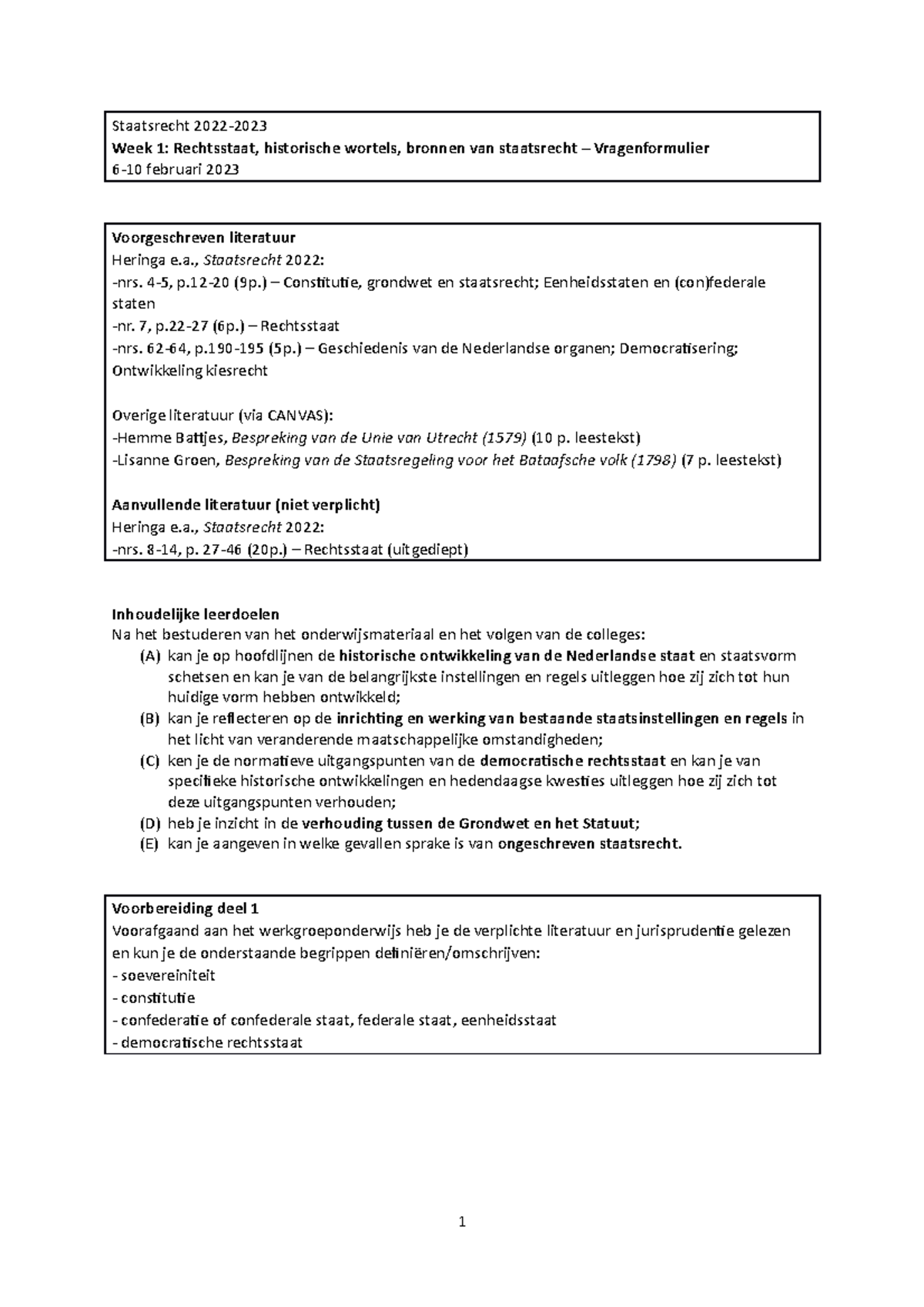 Staatsrecht 2022-2023 Week1 Inleiding Vragen - Staatsrecht 2022- Week 1 ...