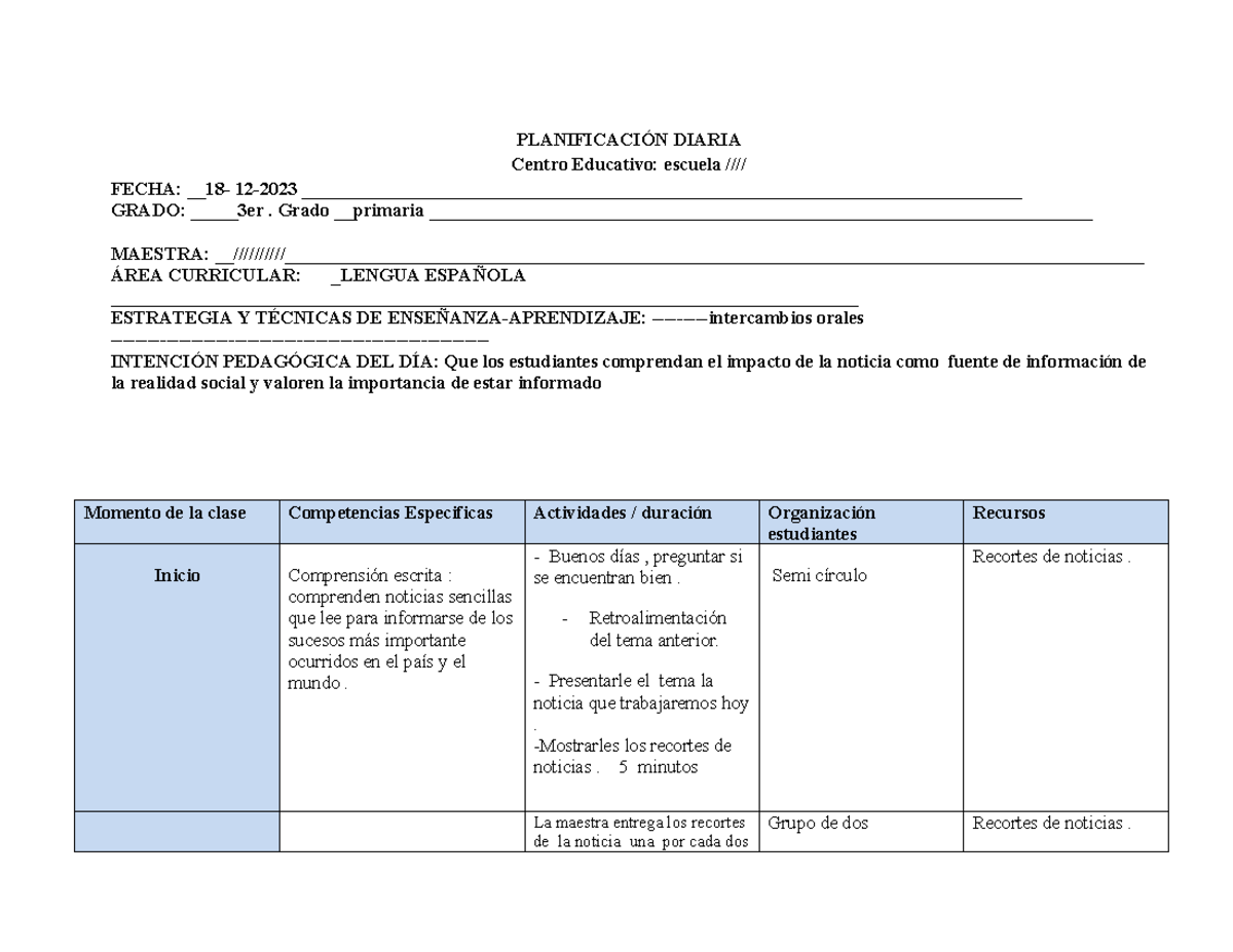 Plan diario de clases nivel primario - Matriz - PLANIFICACIÓN DIARIA ...