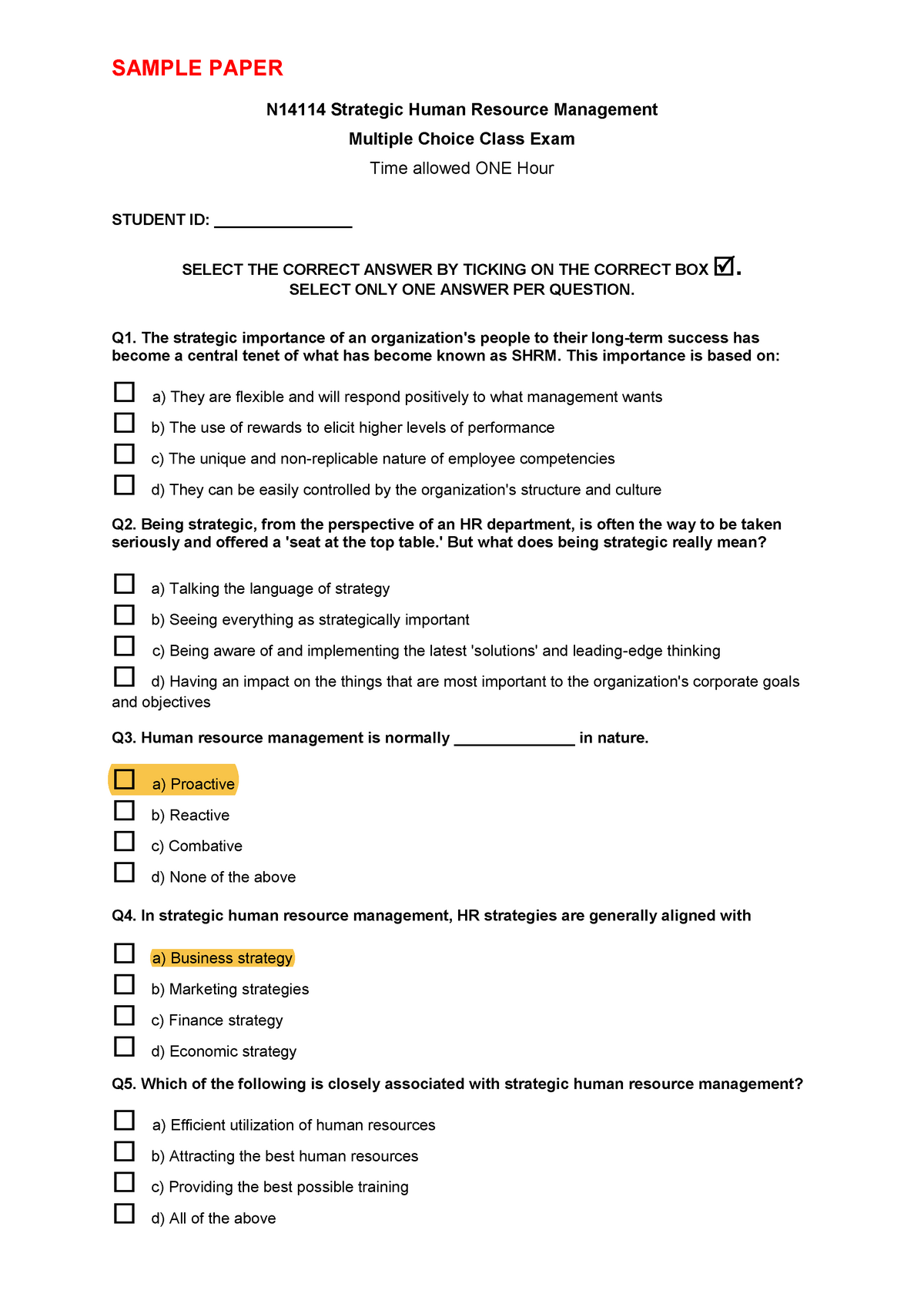 MCQ Sample paper SHRM class exam SAMPLE PAPER N14114 Strategic Human