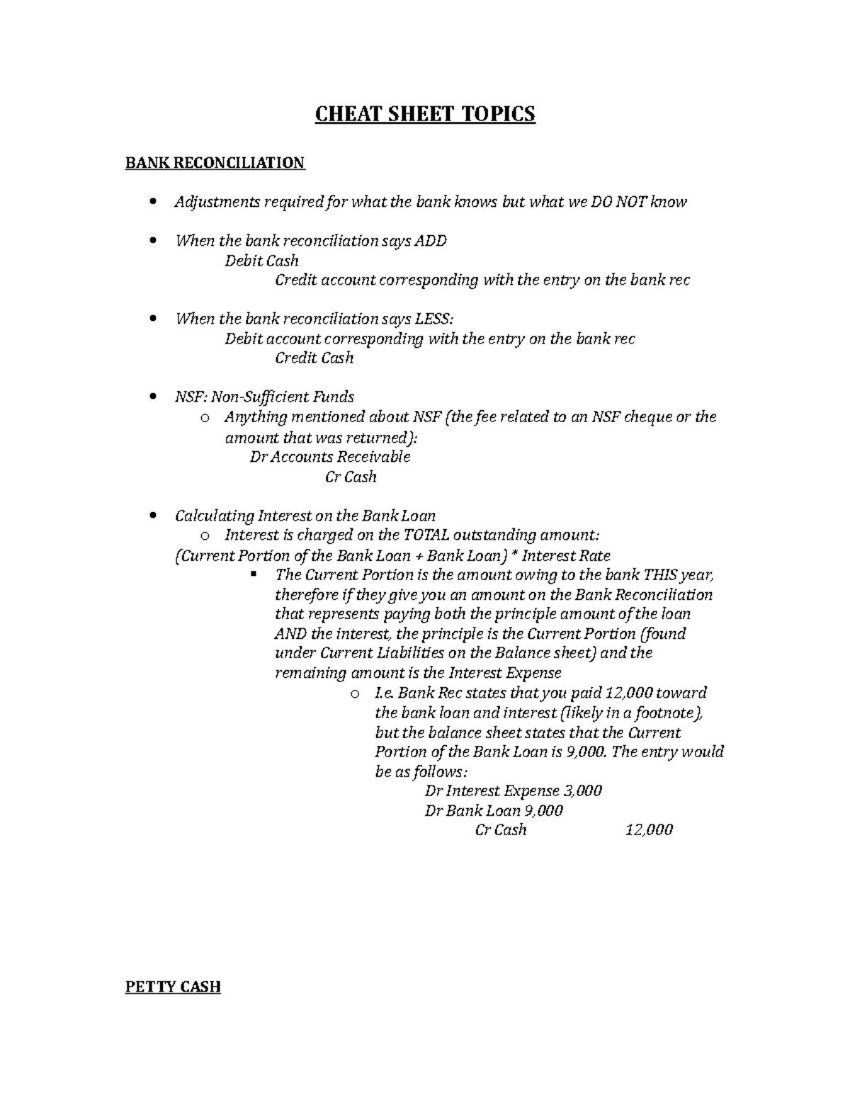 Practical - cheat sheet topics - CHEAT SHEET TOPICS BANK RECONCILIATION ...