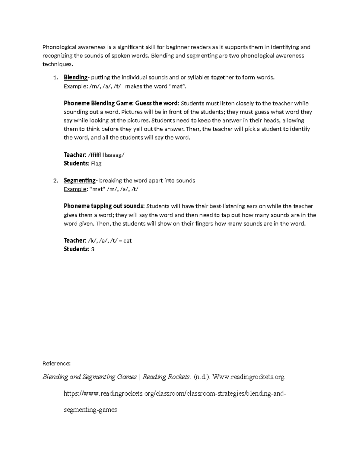 Wk 2 DQ 2-blending and segmenting techniques - Phonological awareness ...