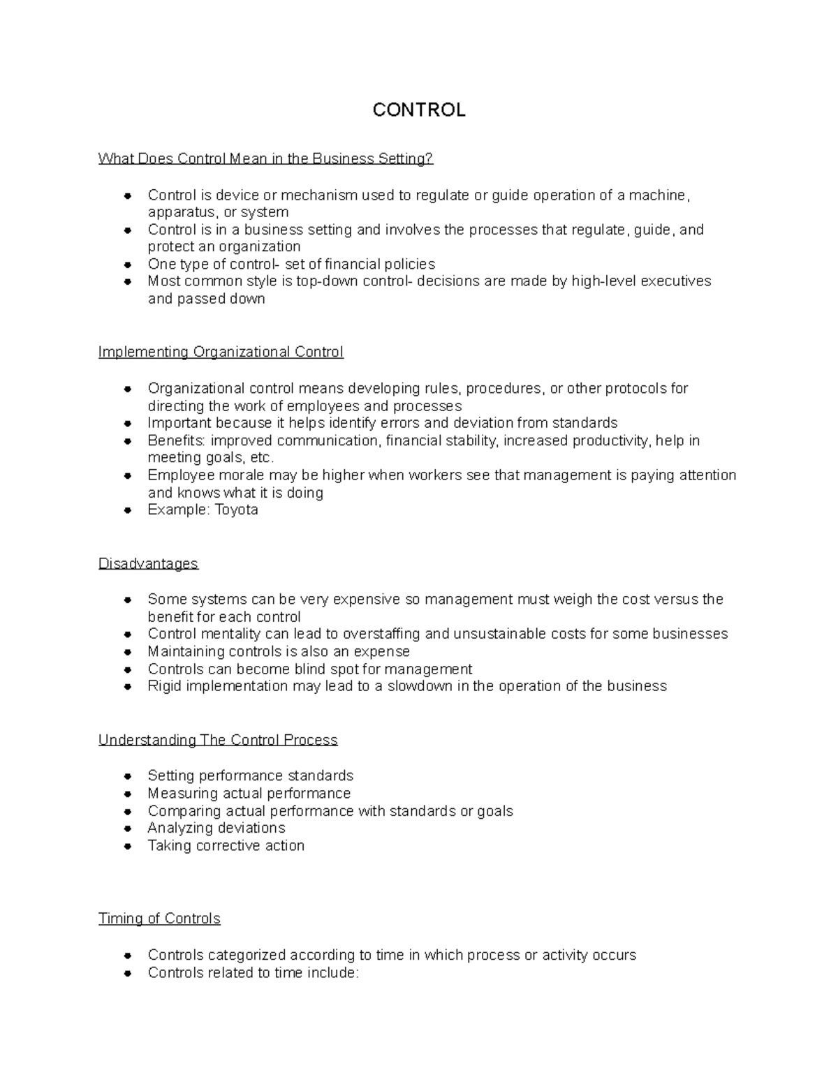 BUS 200 Notes Control Part 1 CONTROL What Does Control Mean in the