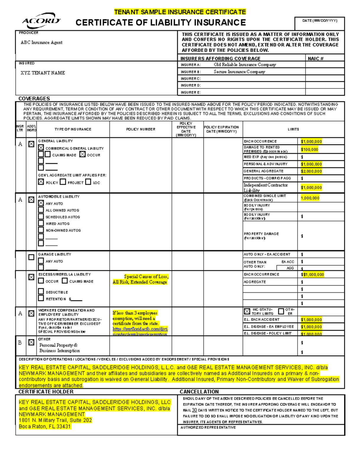 FIP Tenant Sample COI - CERTIFICATE OF LIABILITY INSURANCE DATE (MM/DD ...