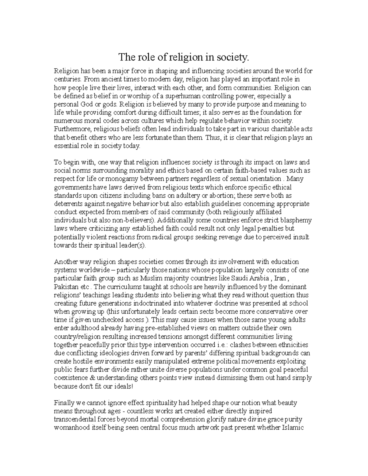 role of religion in society essay