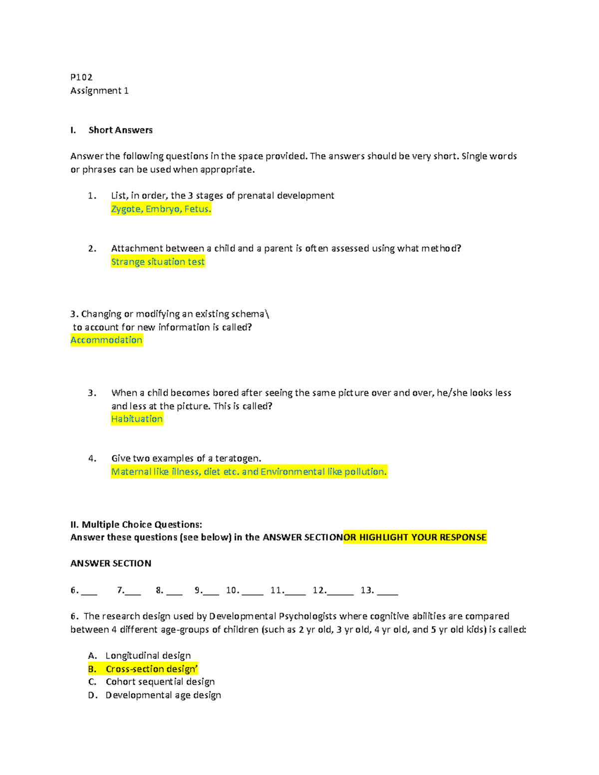 Assignment 1 - P102 Assignment 1 I. Short Answers Answer the following ...