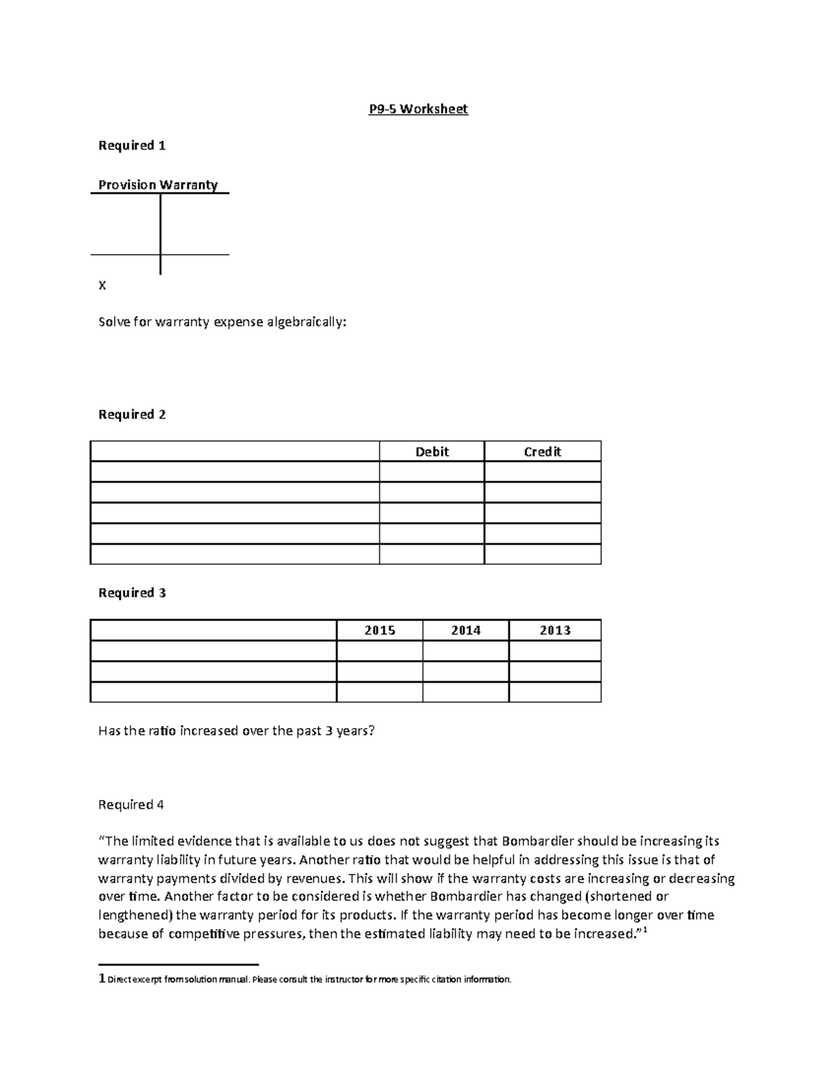 P95 Worksheet P95 Worksheet Required 1 Provision Warranty X Solve