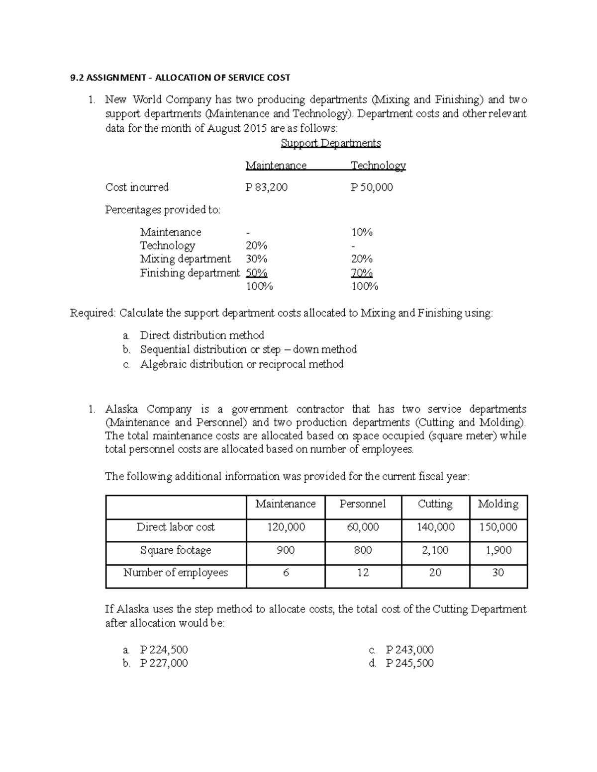 COST- Assignment - 9 ASSIGNMENT - ALLOCATION OF SERVICE COST 1. New ...