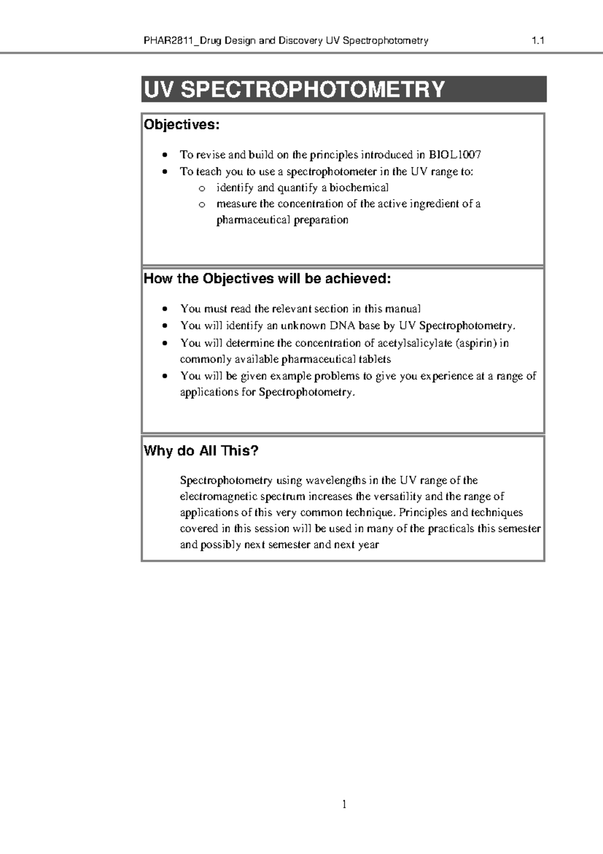 Lab 1 UV Spectrophotometry Drug Discovery and Design A PHAR2821