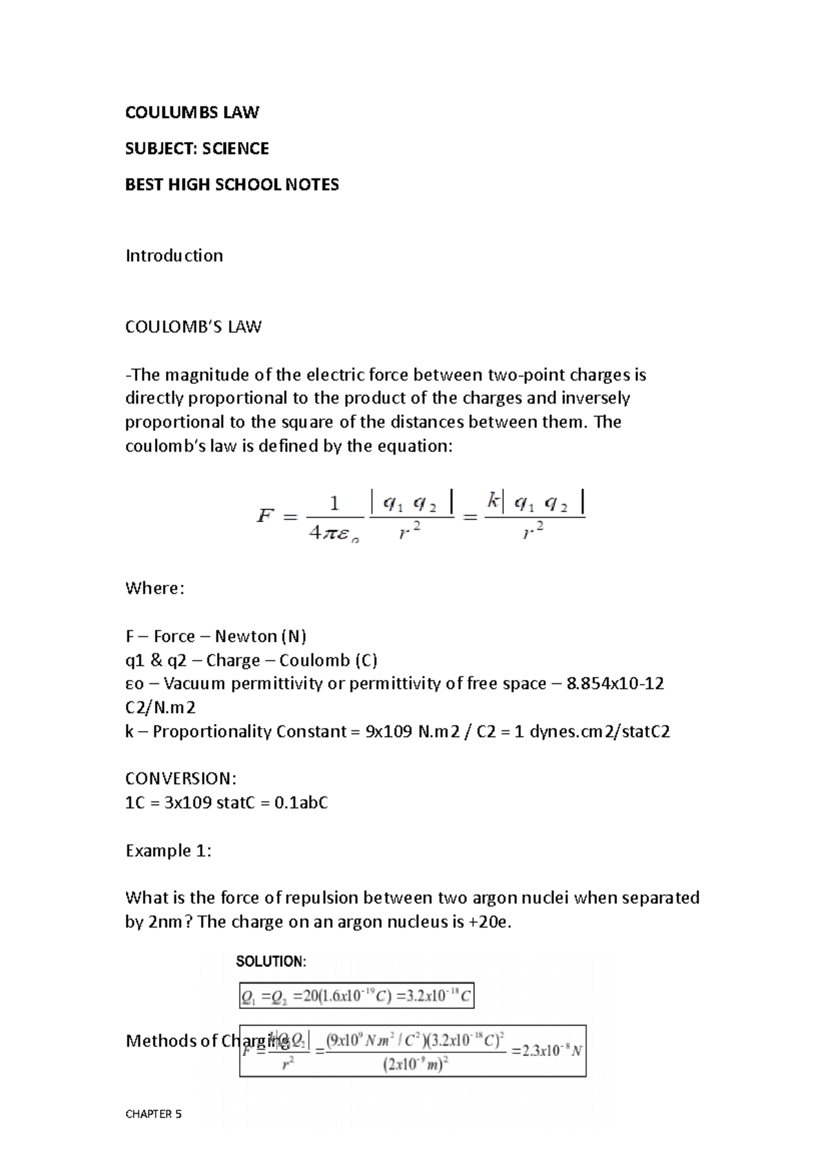 Science NOTE5 - COULUMBS LAW SUBJECT: SCIENCE BEST HIGH SCHOOL NOTES ...
