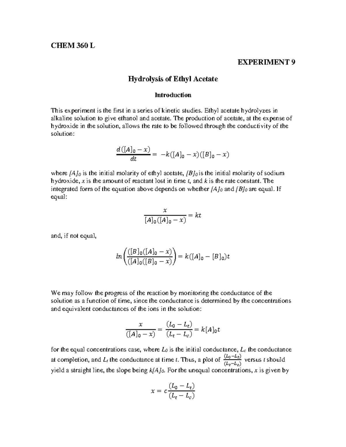Lab 9 handout - CHEM 360 L EXPERIMENT 9 Hydrolysis of Ethyl Acetate ...