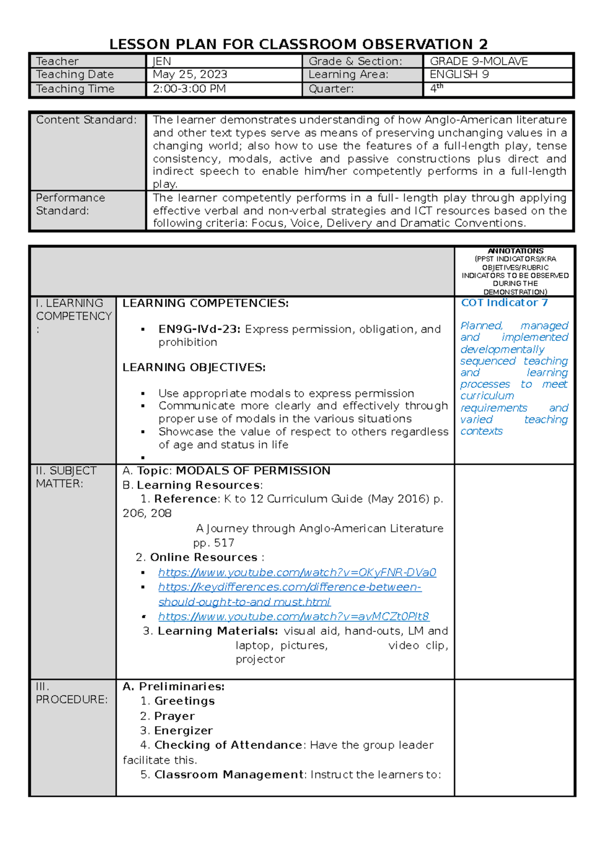 CO2 LP Sample 1 - Classroom Observation Lesson Plan - LESSON PLAN FOR ...
