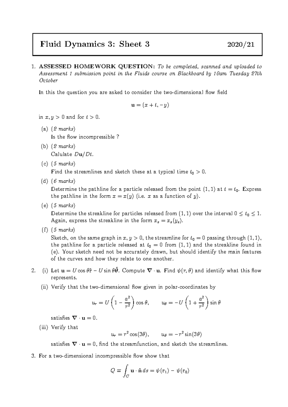 Fluid Dynamics worksheet 3 - Fluid Dynamics 3: Sheet 3 2020/ ASSESSED ...