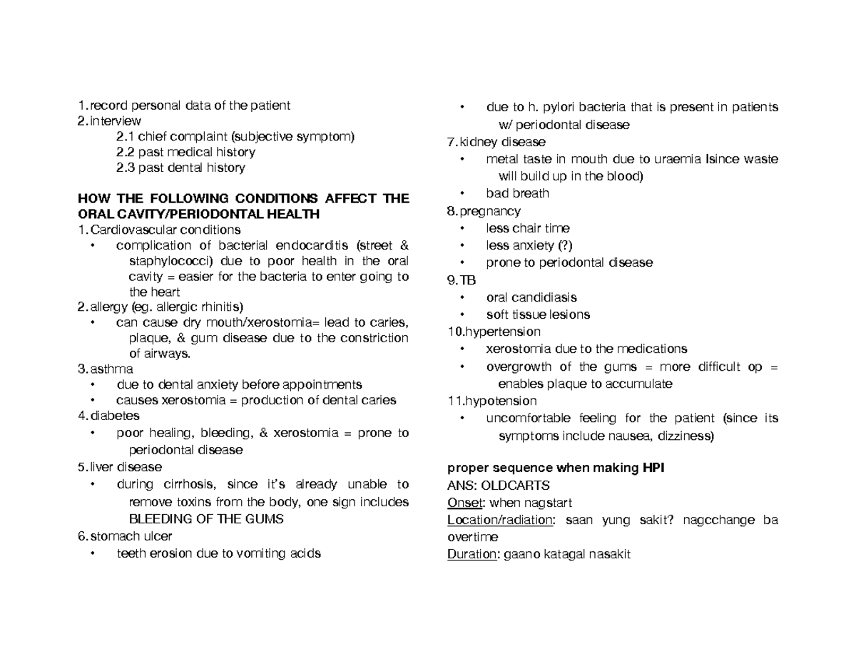 periodontics lecture summary record personal data of the patient