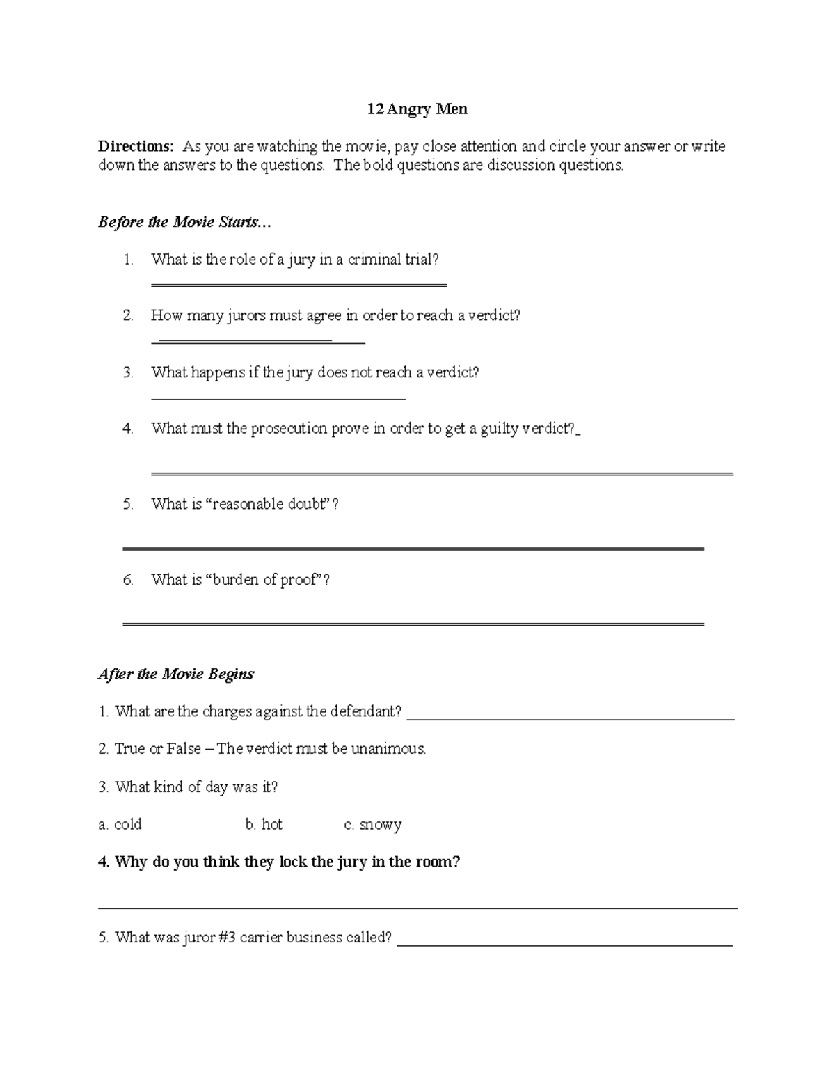 12 Angry Men movie questions - 12 Angry Men Directions: As you are ...