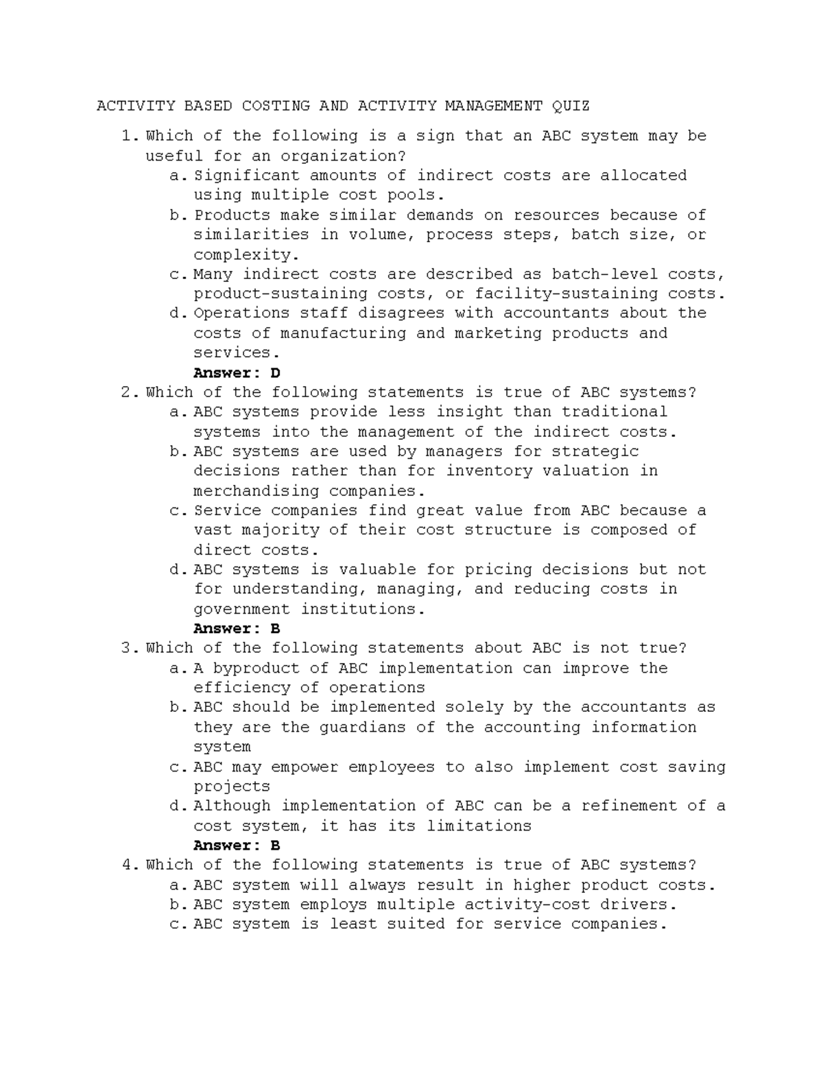 Activity Based Costing AND Activity Management QUIZ - ACTIVITY BASED ...