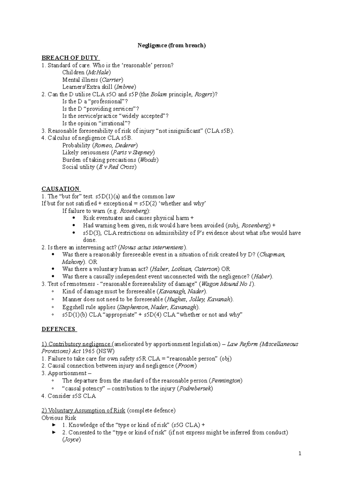 Negligence Structure for Breach Problem Questions - Negligence (from ...