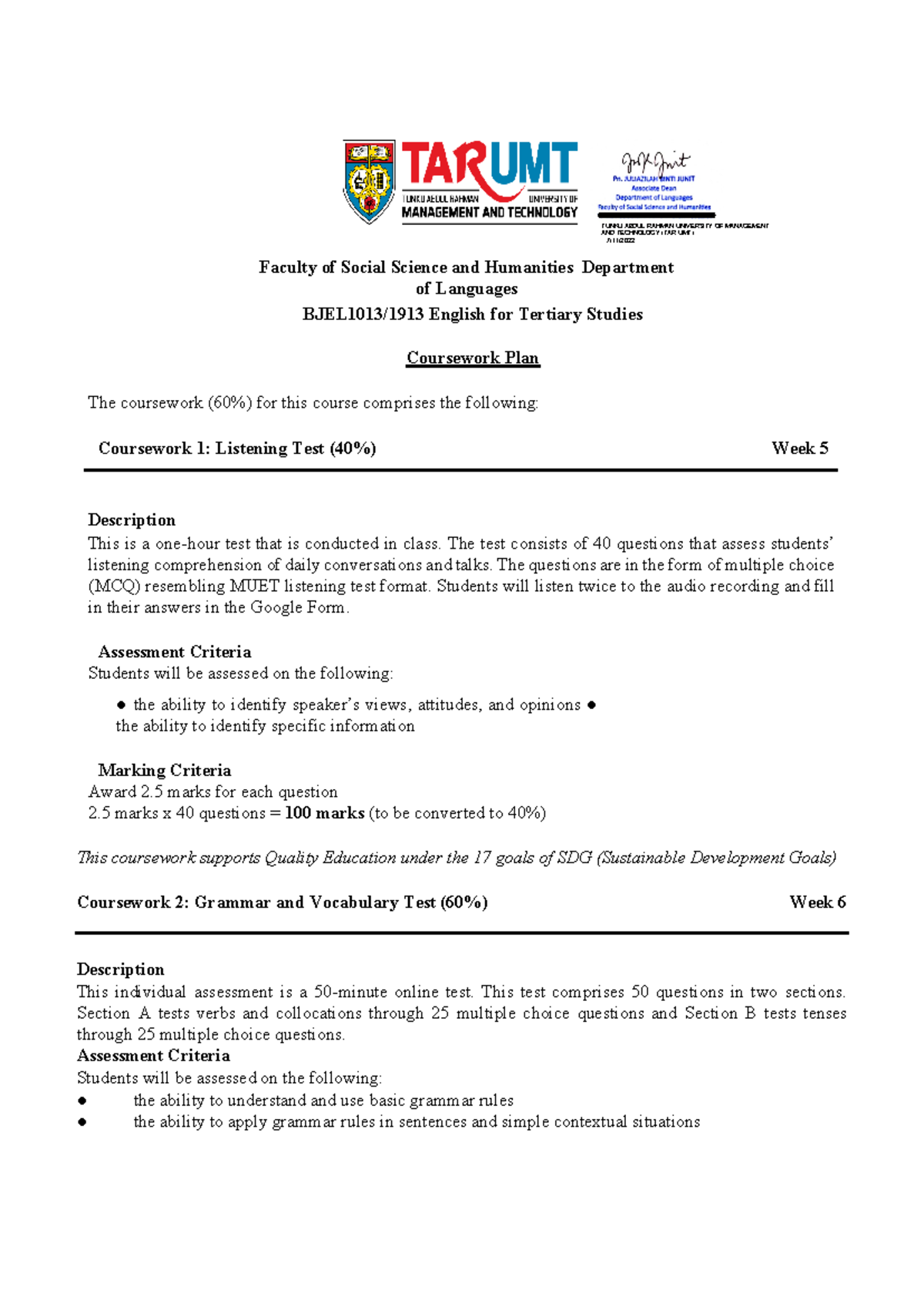 BJEL1013 Coursework Plan 202209 - Faculty of Social Science and ...