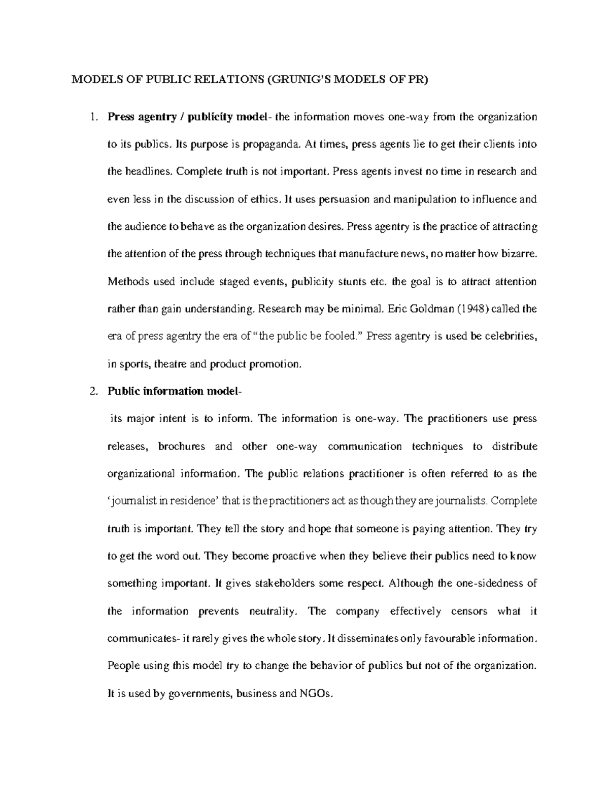 Lesson 2 Models OF Public Relations - MODELS OF PUBLIC RELATIONS ...