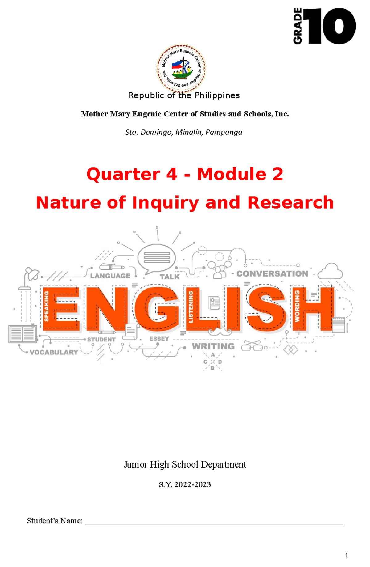English 10 Research Modules - Republic of the Philippines Mother Mary ...