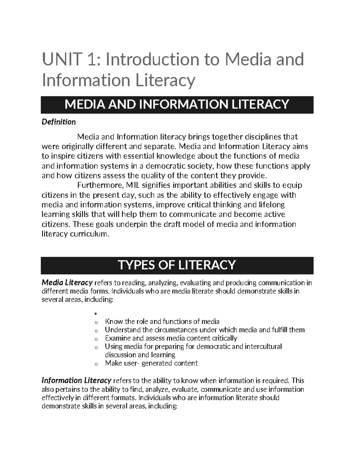 Mil reviewer 2022 - UNIT 1: Introduction to Media and Information ...