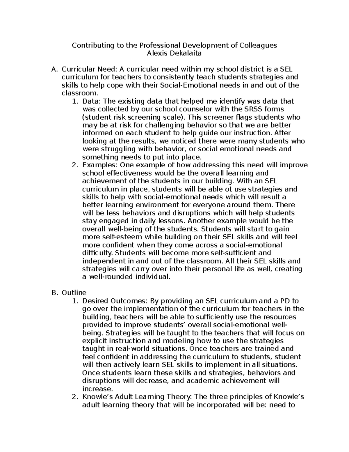 d188- Task 2: Contributing to the Professional Development of ...