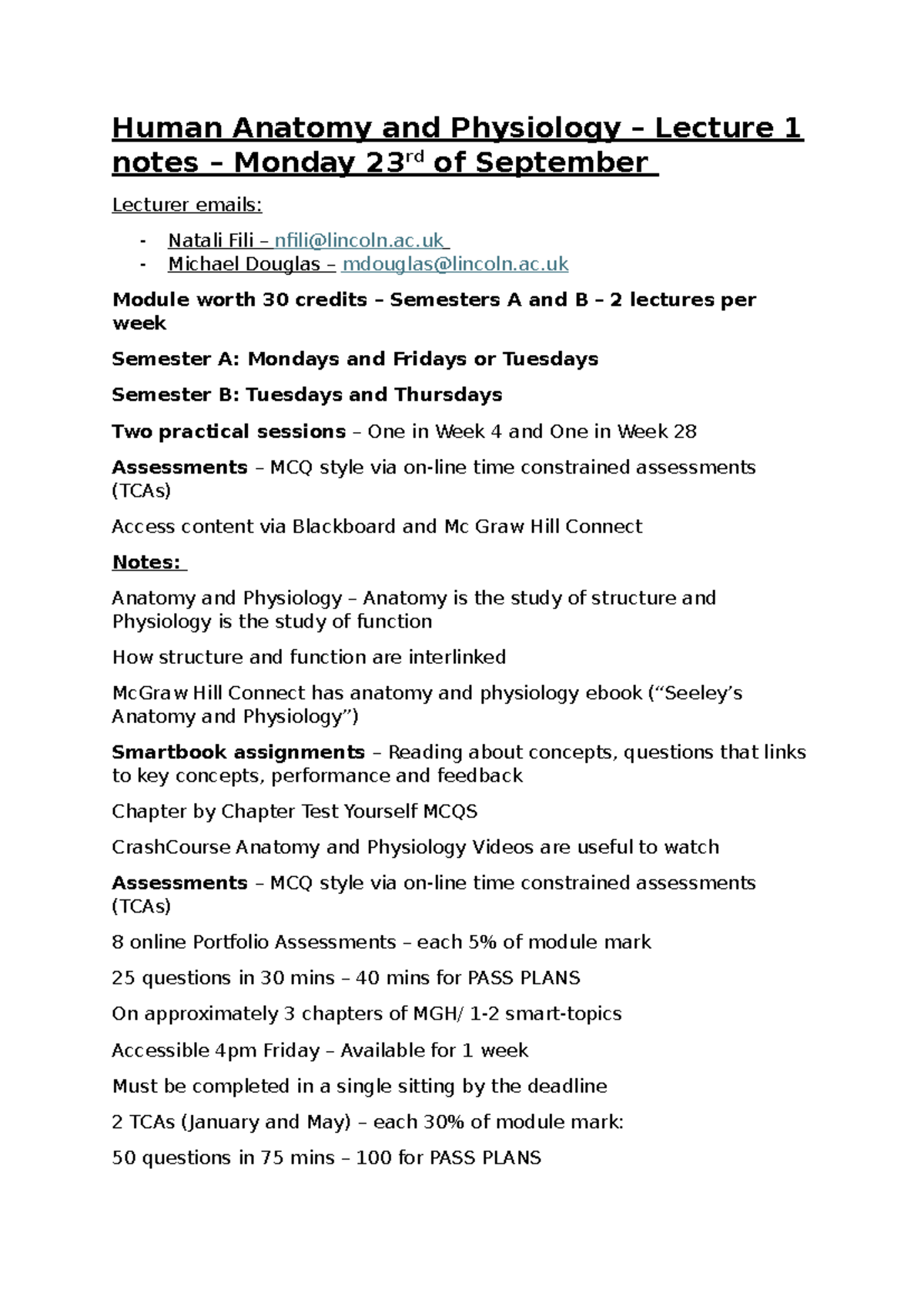 Lecture 1 notes - Human Anatomy and Physiology - Human Anatomy and ...