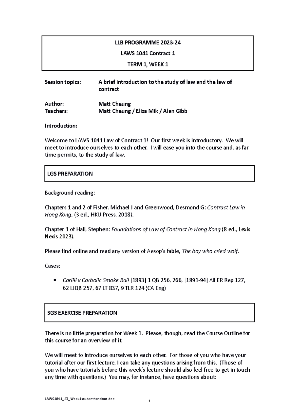 LLB PROGRAMME 2023-24 LAWS 1041 Contract 1 TERM 1, WEEK 2 - LLB ...