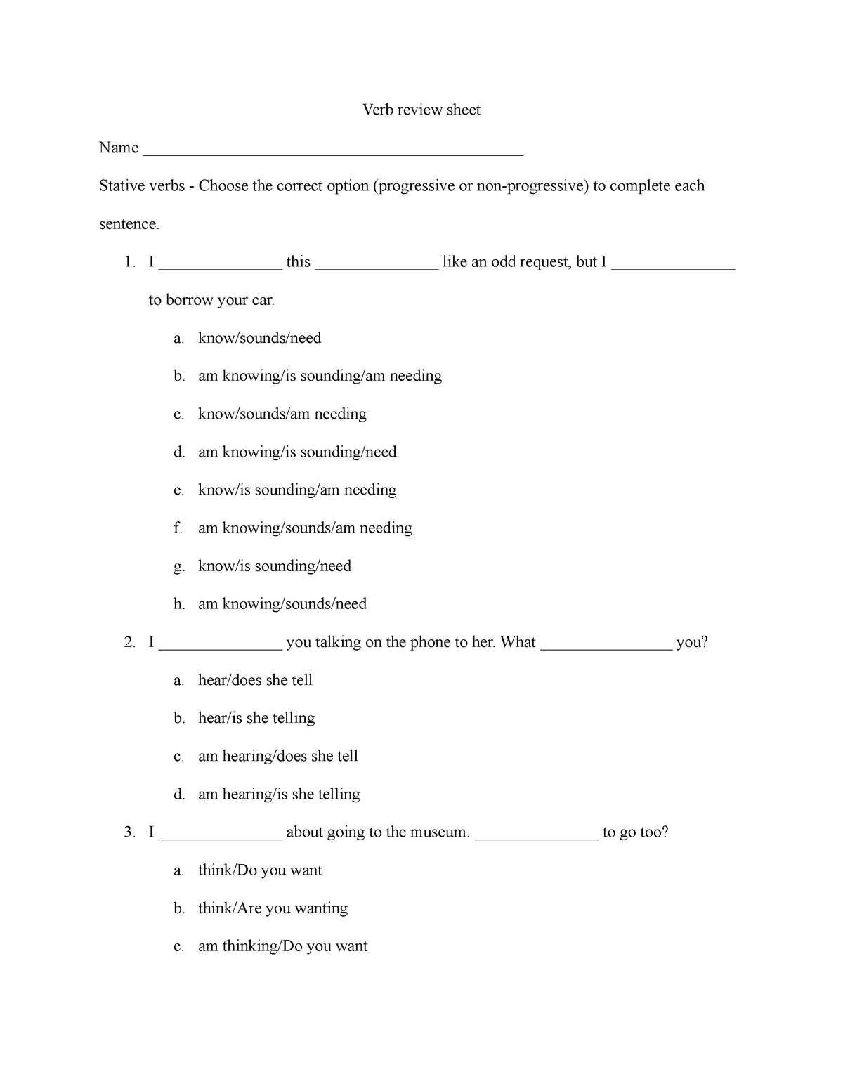 Verb review sheet - exercise in English practice - Verb review sheet ...