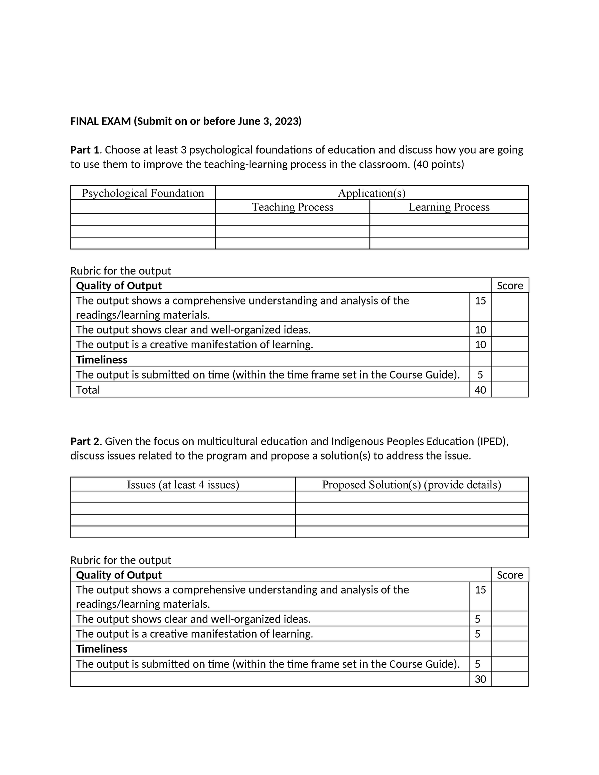 Final EXAM Fondations OF Education - FINAL EXAM (Submit on or before ...