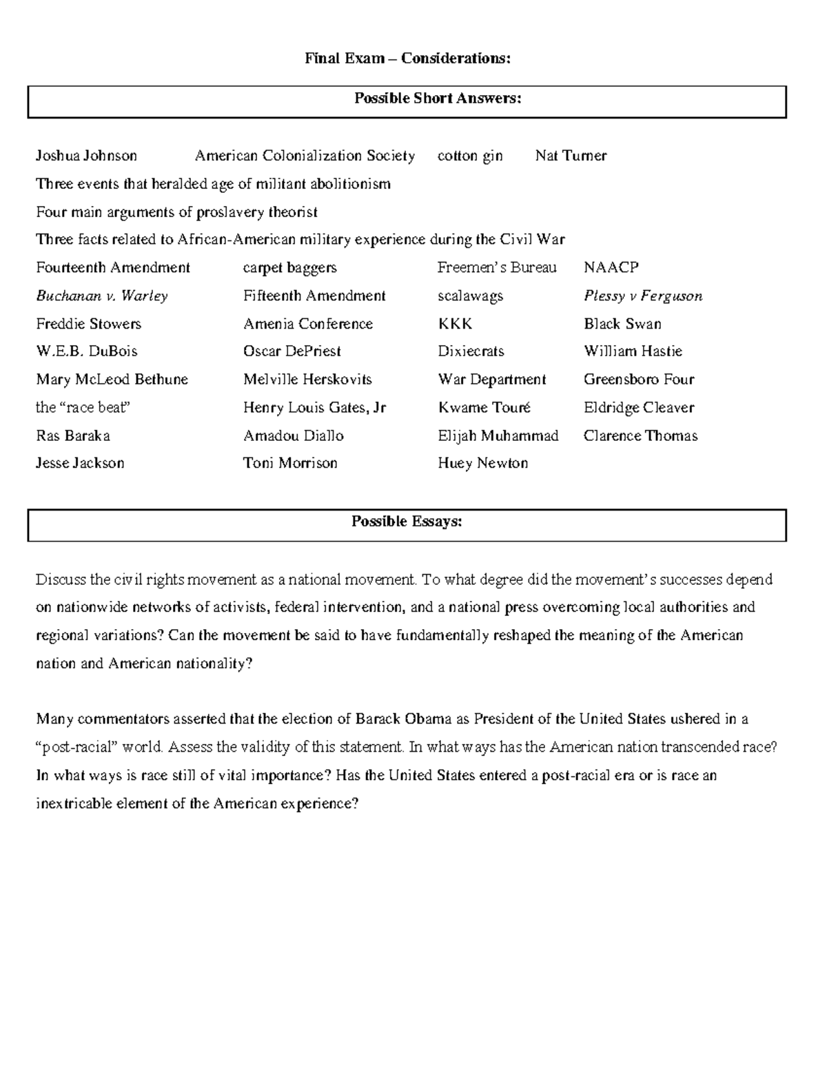 Hist 230 - Final Exam Study Guide - Final Exam – Considerations ...
